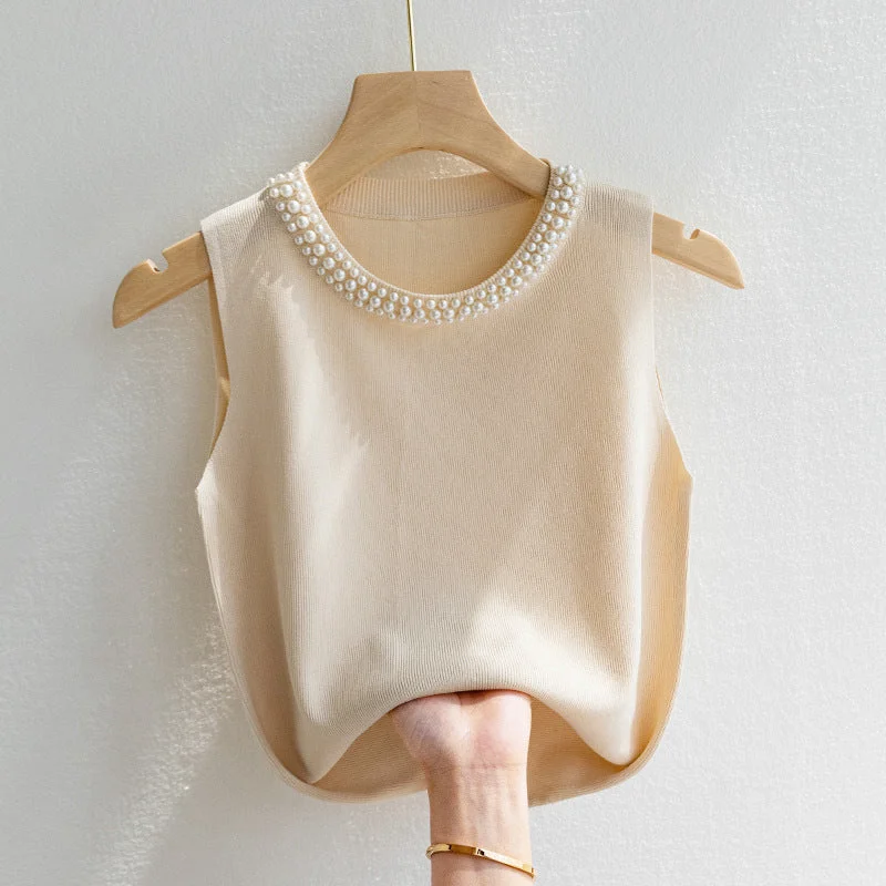 OUTZIDR Cream Pearl Studded Tank Top